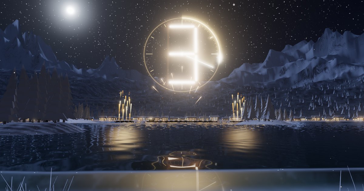 A giant glowing clock showing the number 3 over a frozen mountain lake at night, with the moon, stars and a village of lit windows on the far shore