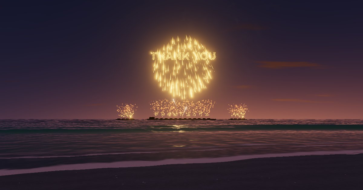 The words THANK YOU spelled in gold sparks above a beach at dusk, with golden willow fireworks falling beneath